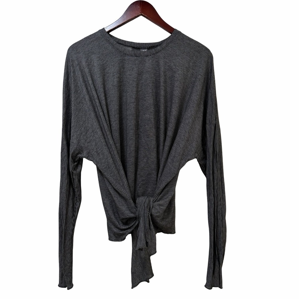 Noblu Womens Lagenlook Stripe Asymmetric Tie Hem  Top Size XL Grey Artsy FLAW